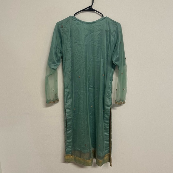 Mint Green and Gold Three-Piece Salwar Kameez Heavy Stonework| Size Approx Large - Picture 10 of 14